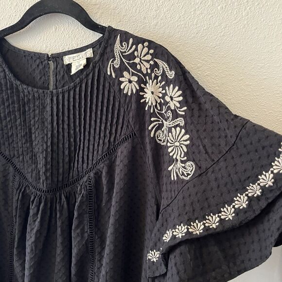 Torri Festi Mini Dress Size 1 Raglan Double Bell Sleeve Black Embroidered Boho - Picture 8 of 16